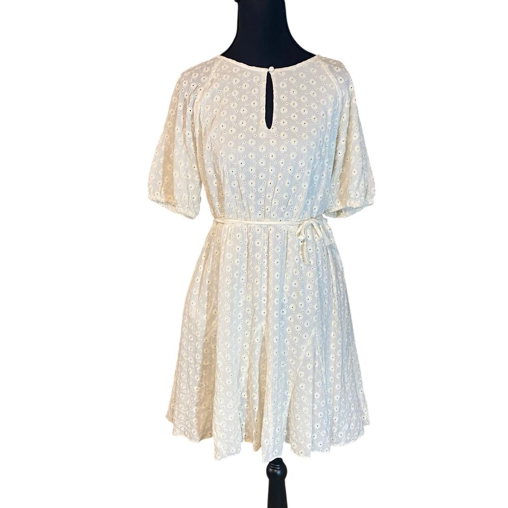 Madewell White flower Eyelet Puff Sleeve Belted Dress Size 8 Boho Cottagecore